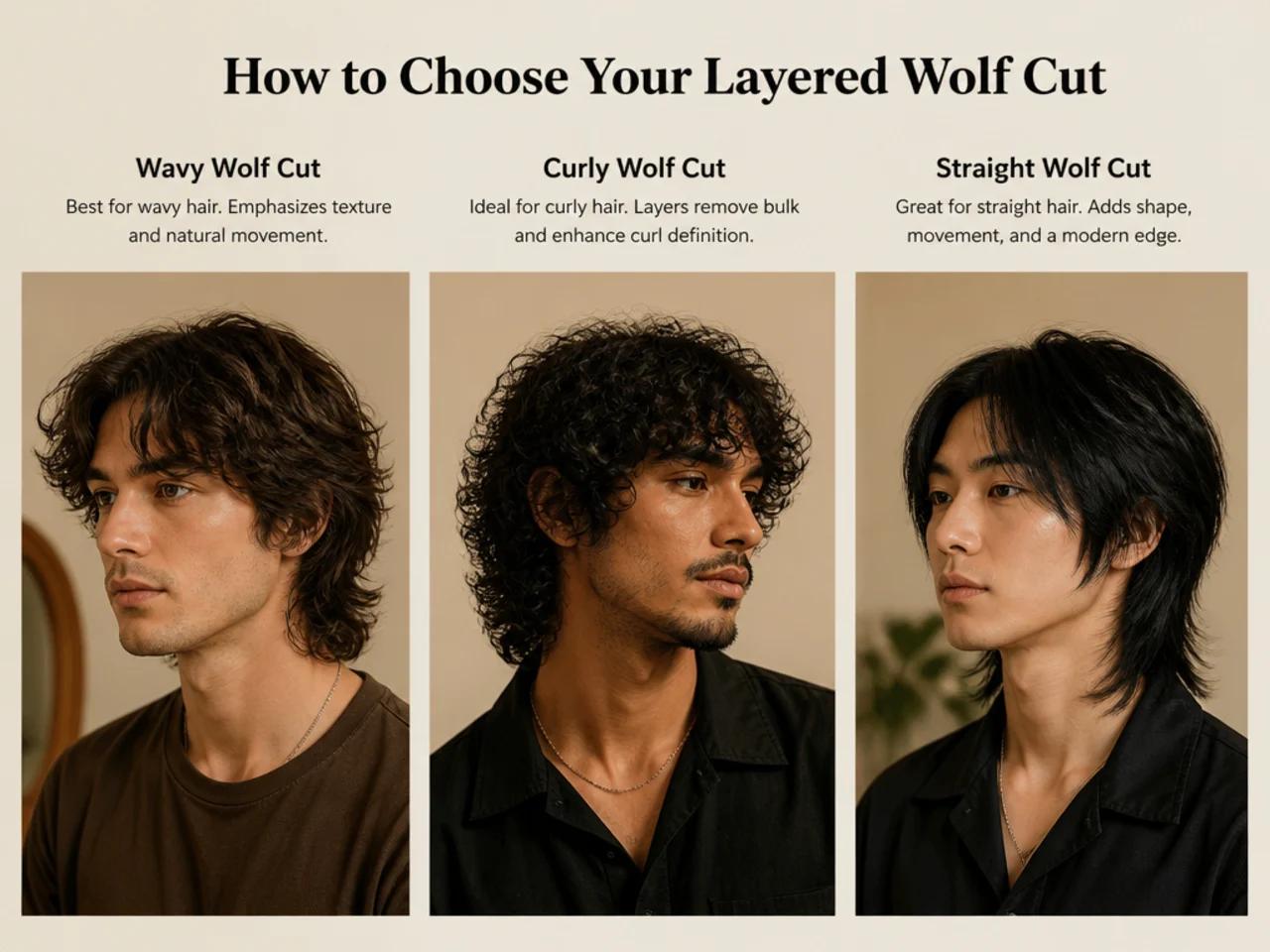 Three young men shown side by side wearing subtle, medium, and heavy layered wolf cut versions