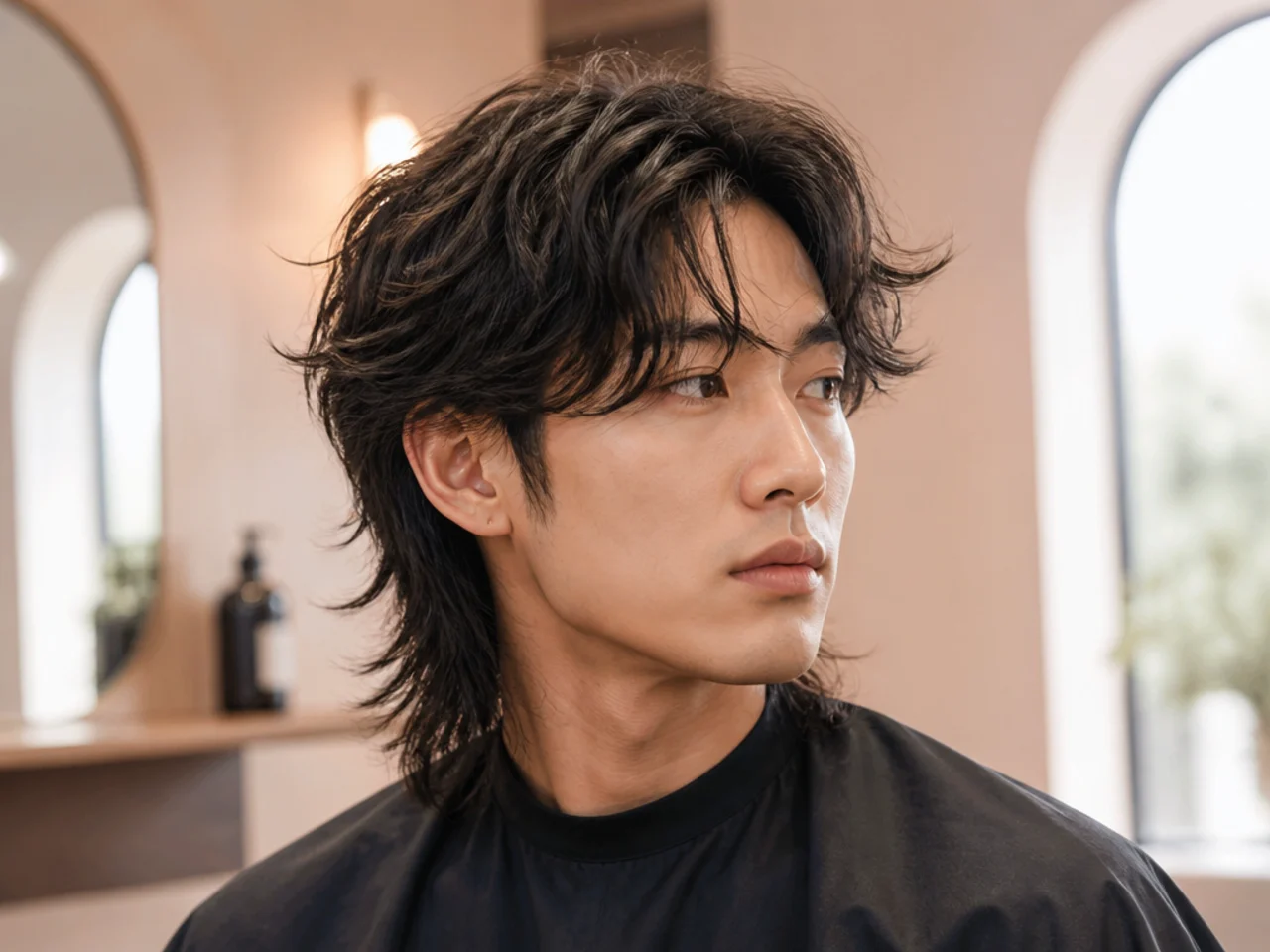 Styling products for a layered wolf cut laid out — sea-salt spray, matte clay, blow dryer, wide-tooth comb