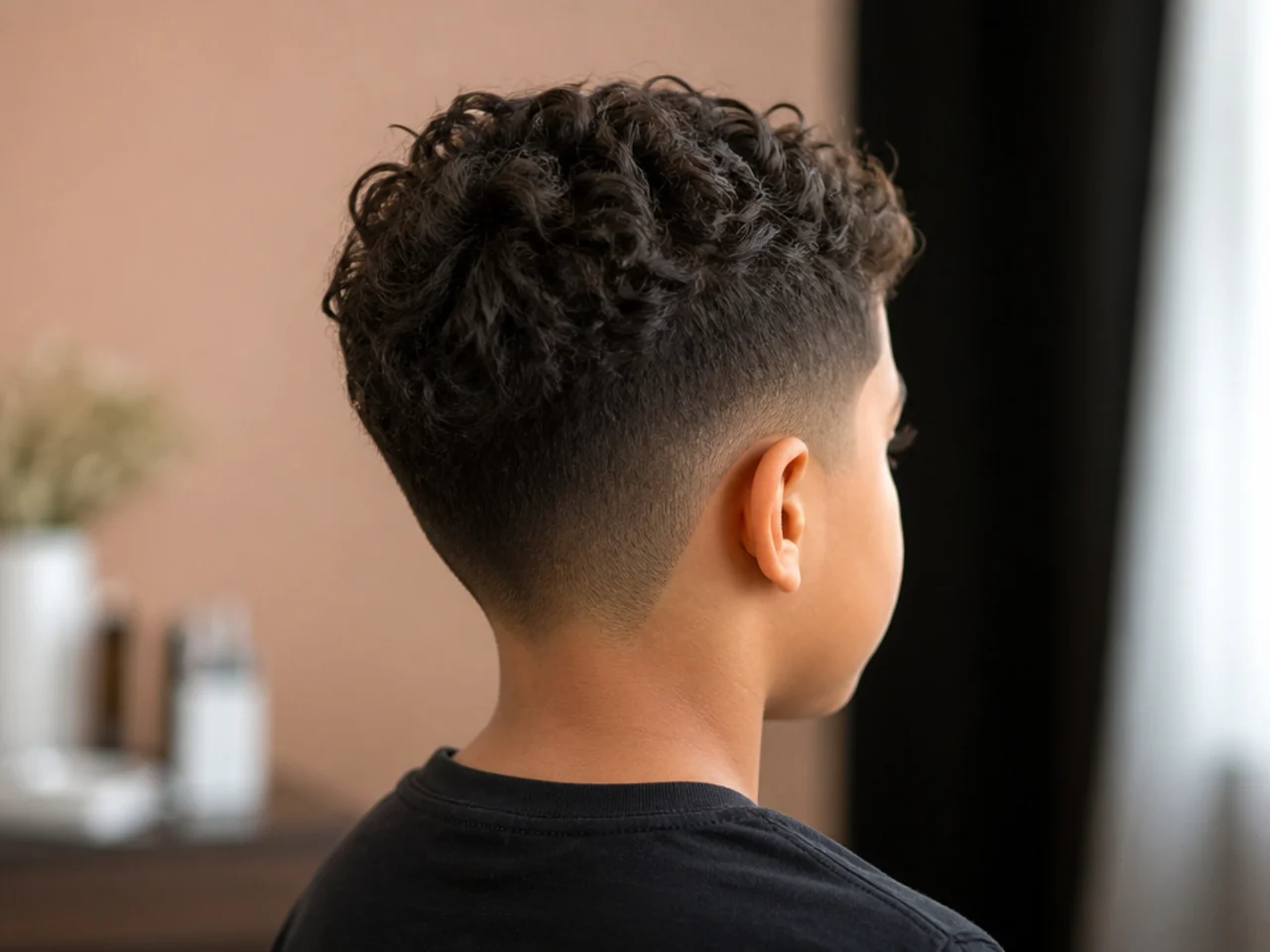 A young boy with his first tapered curly haircut
