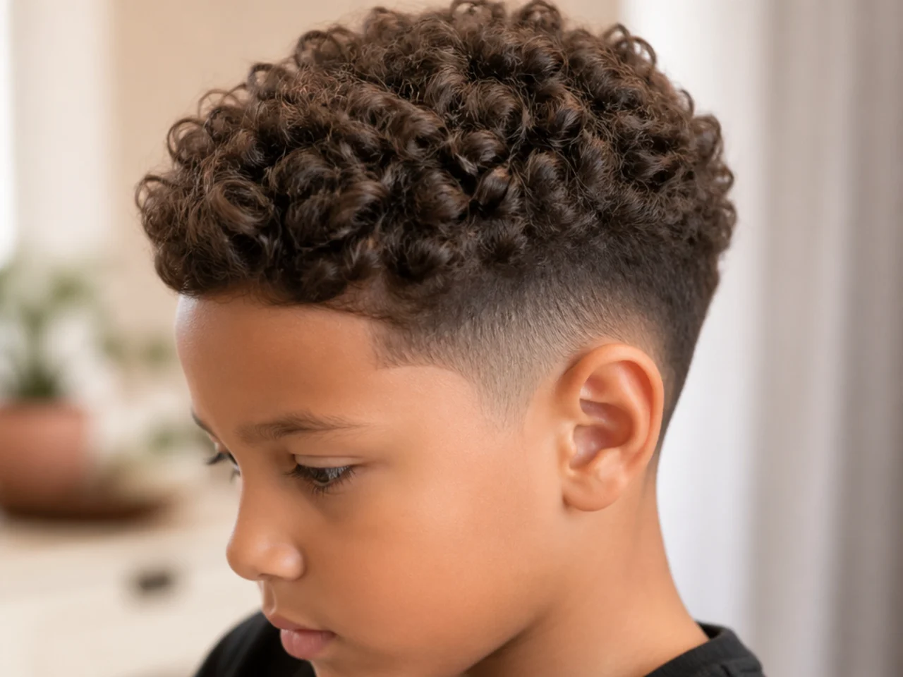 A young boy with curls trimmed clear of the ears