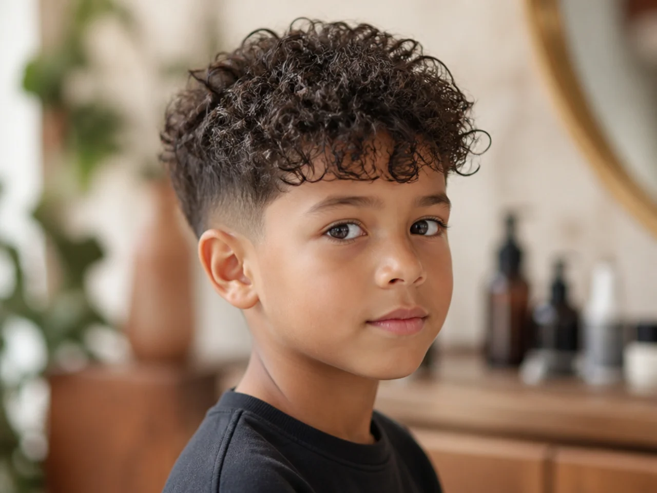A young boy with fine curly hair kept slightly longer