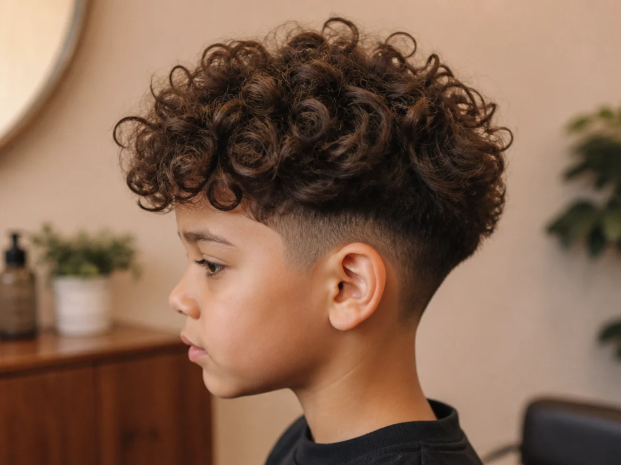 A young boy with thick curls thinned from underneath