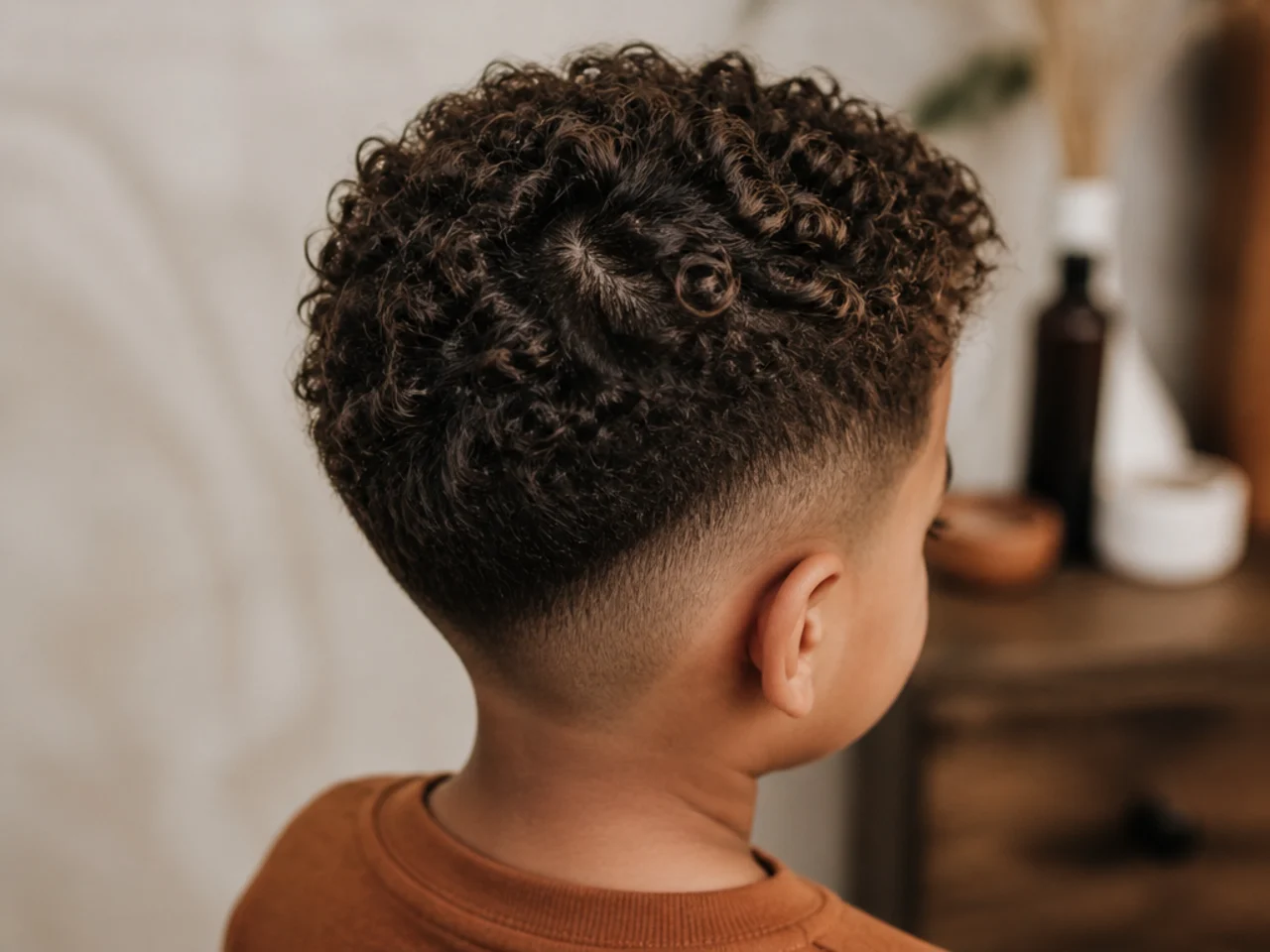 A young boy with a visible crown whorl in curly hair