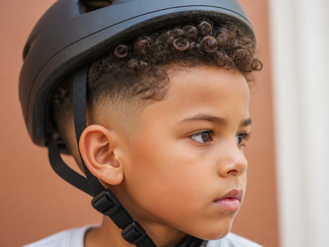 A young boy in a bike helmet with short curly hair