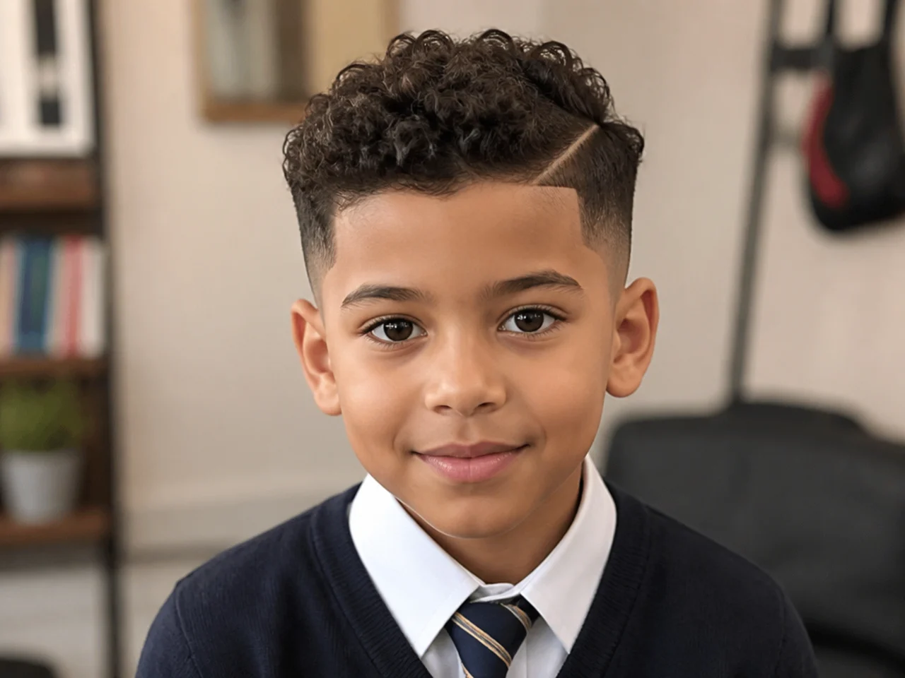 A young boy in school uniform with tidy curls