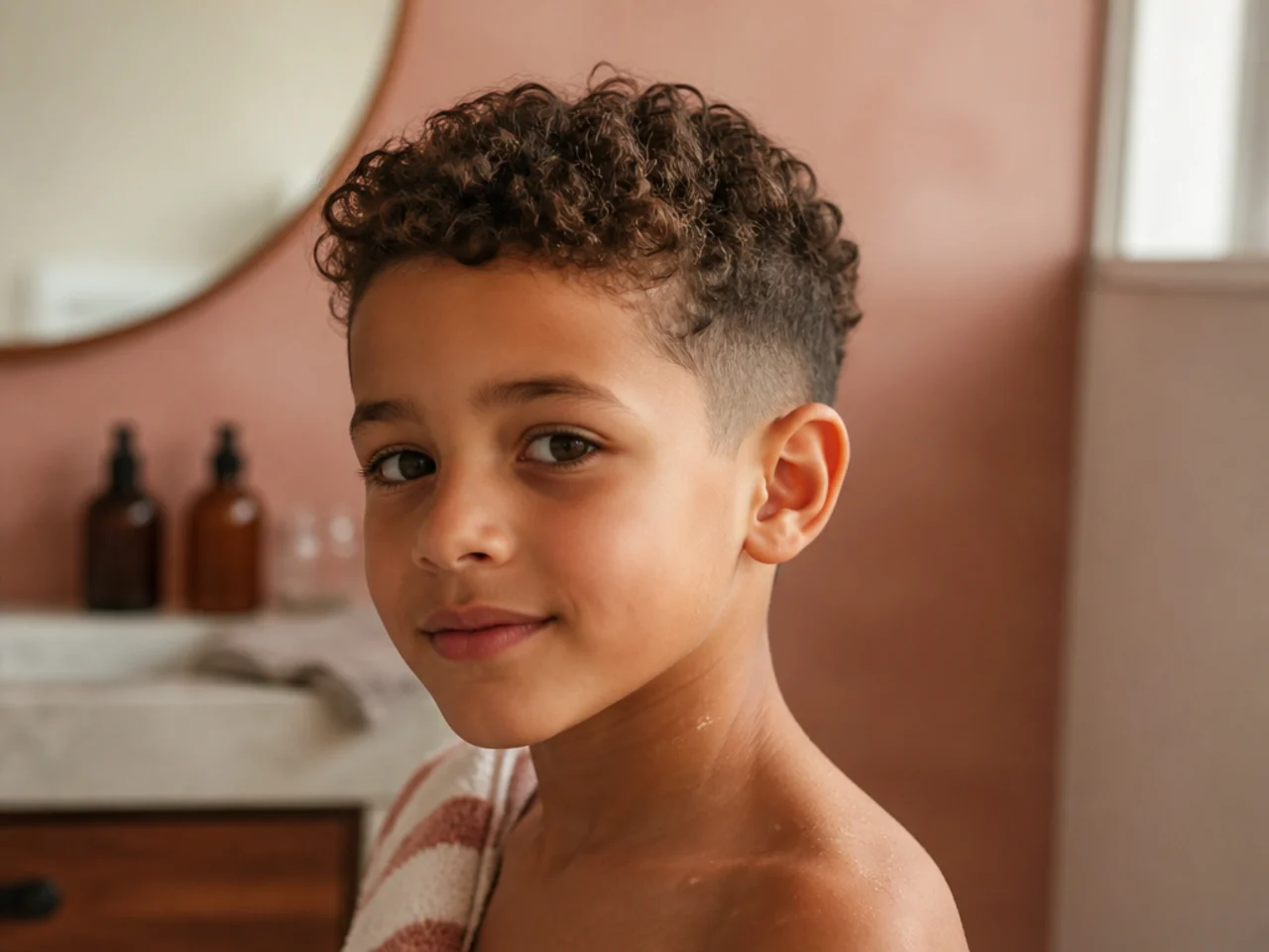 A young boy with short curls after a swimming lesson