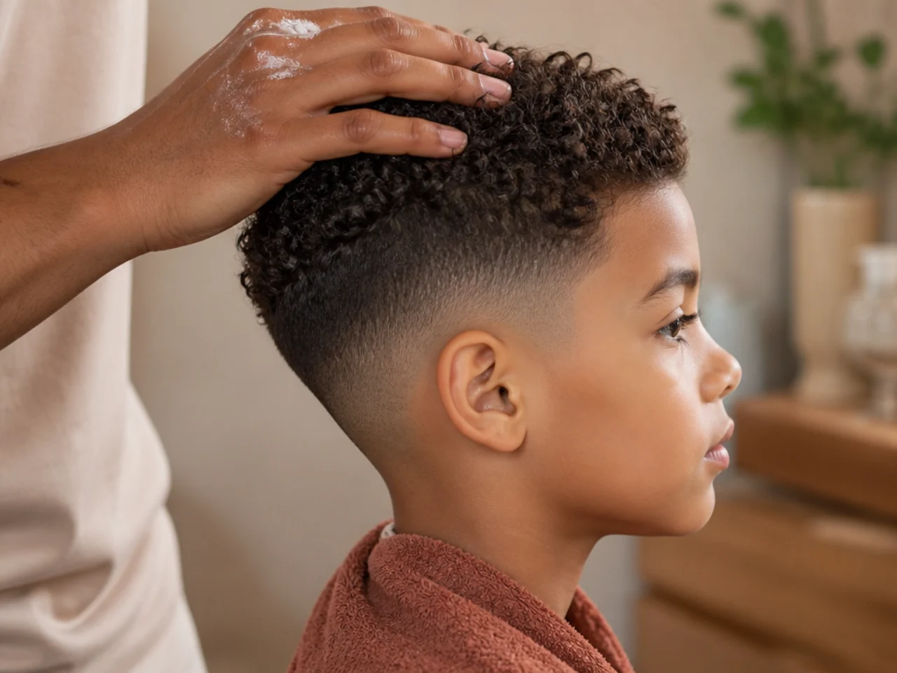 A parent running a wet hand through a young boy's curls