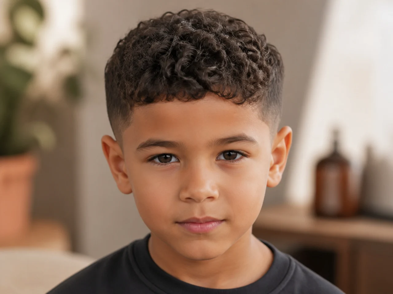 A young boy with a low-volume curly crop
