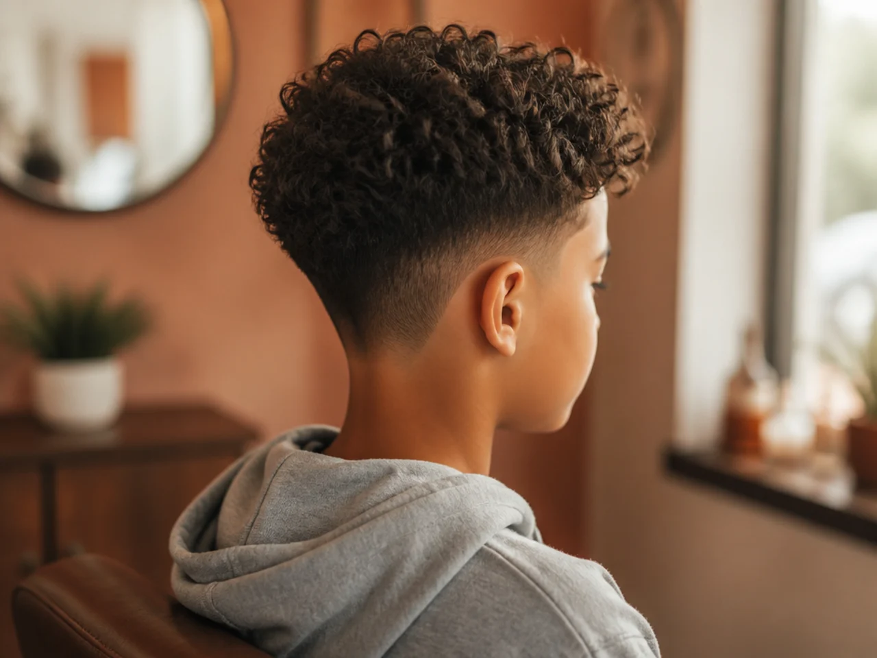 An older boy with more volume in his curly hair