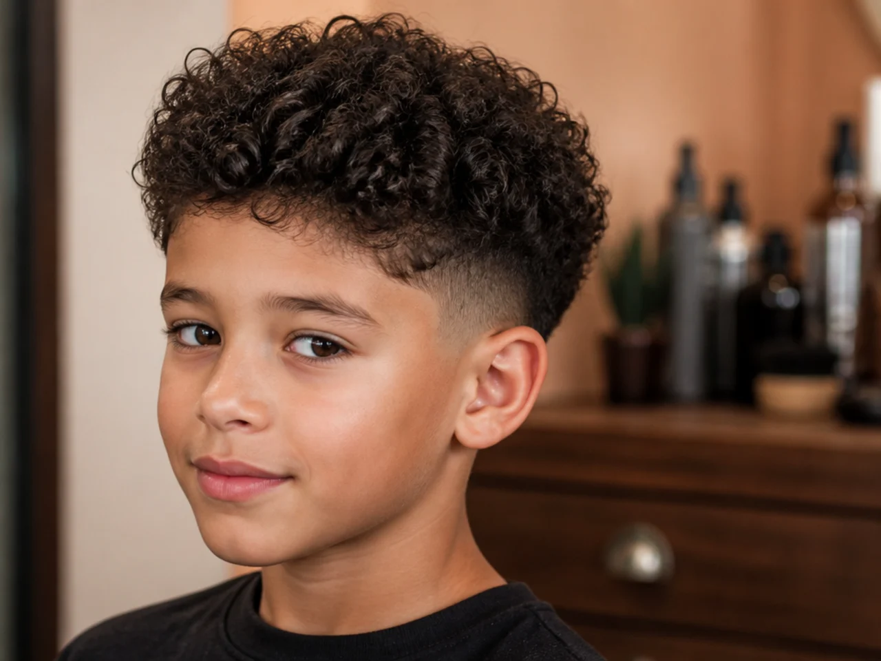 A young boy with narrowed curly sides at ear level