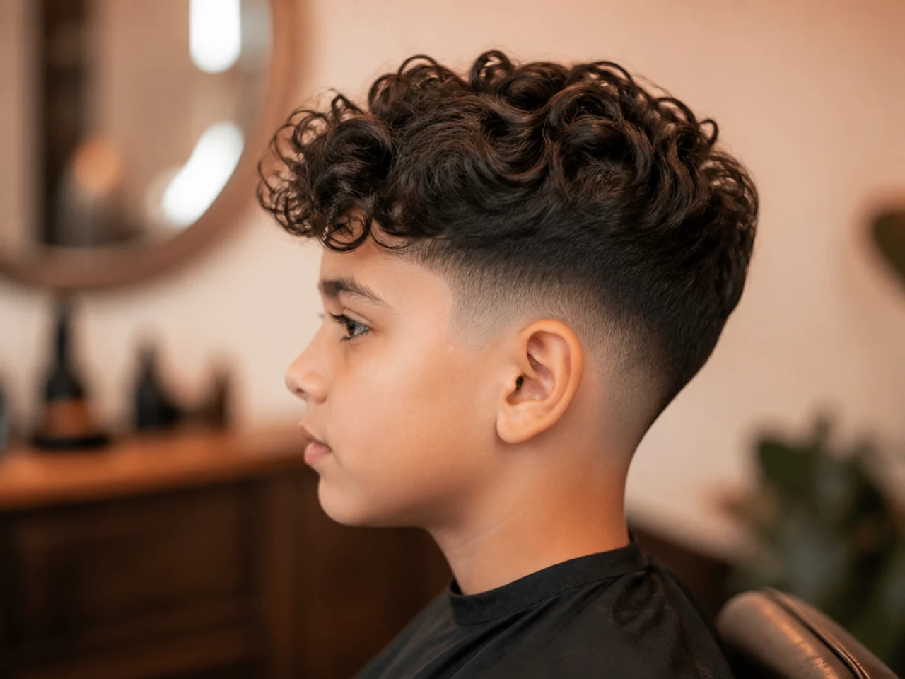 A young boy with curls sitting above his eyes
