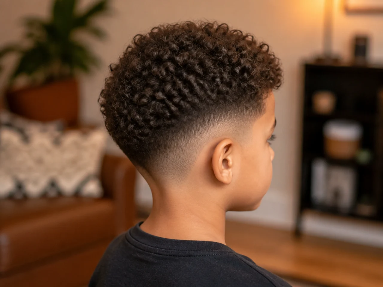 A young boy with a rounded curly haircut