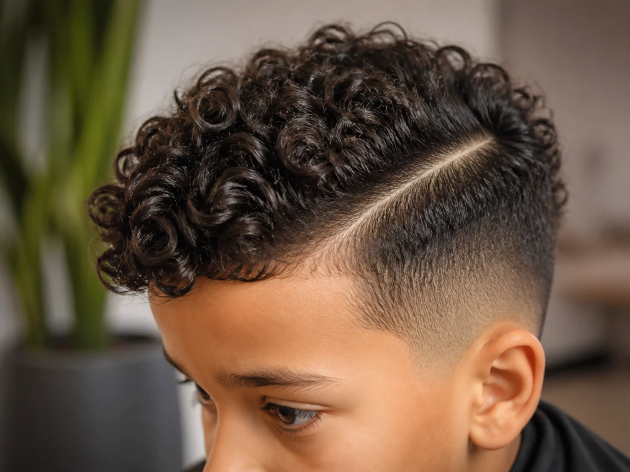 A young boy with curls falling into a natural side part