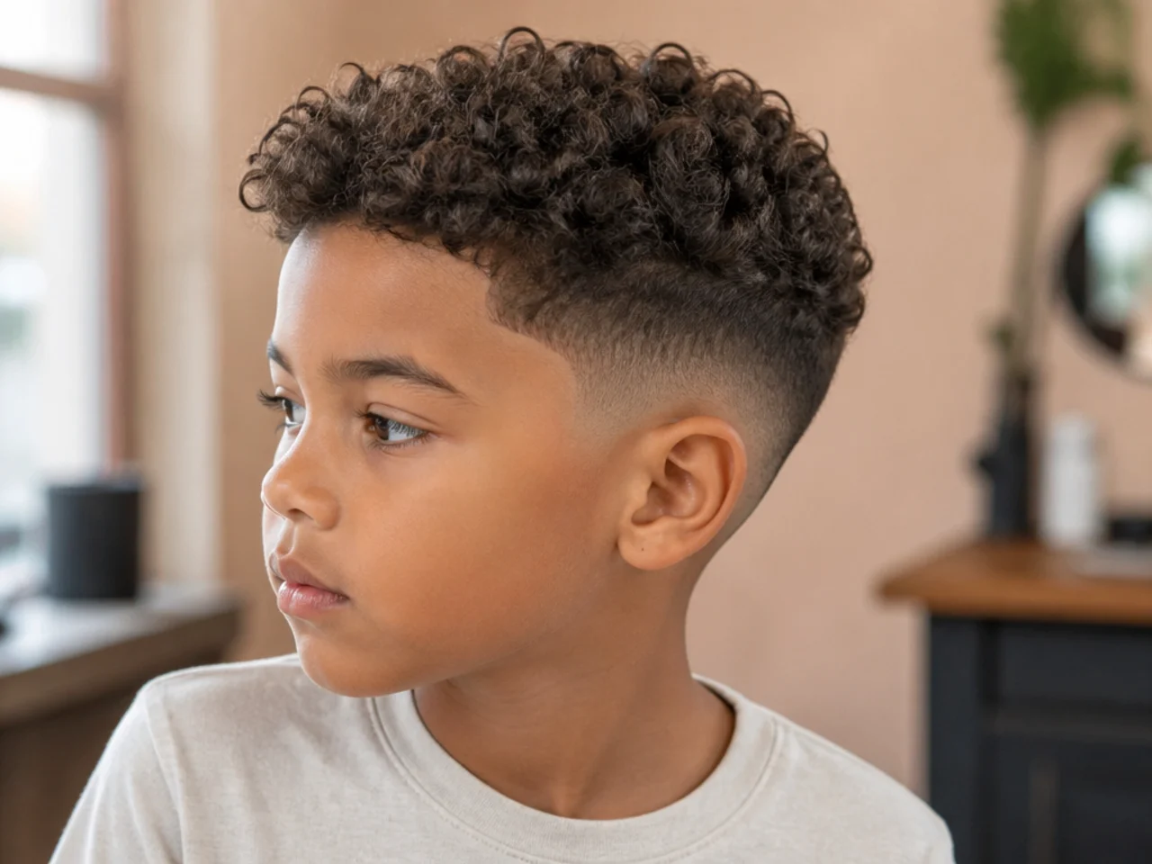 Side view of a young boy with curly hair