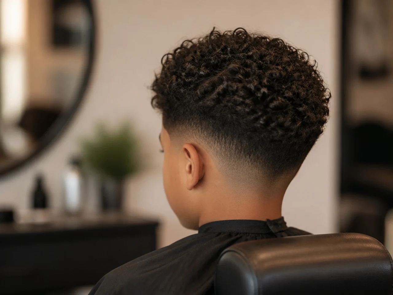 A young boy sitting alone in a barber chair