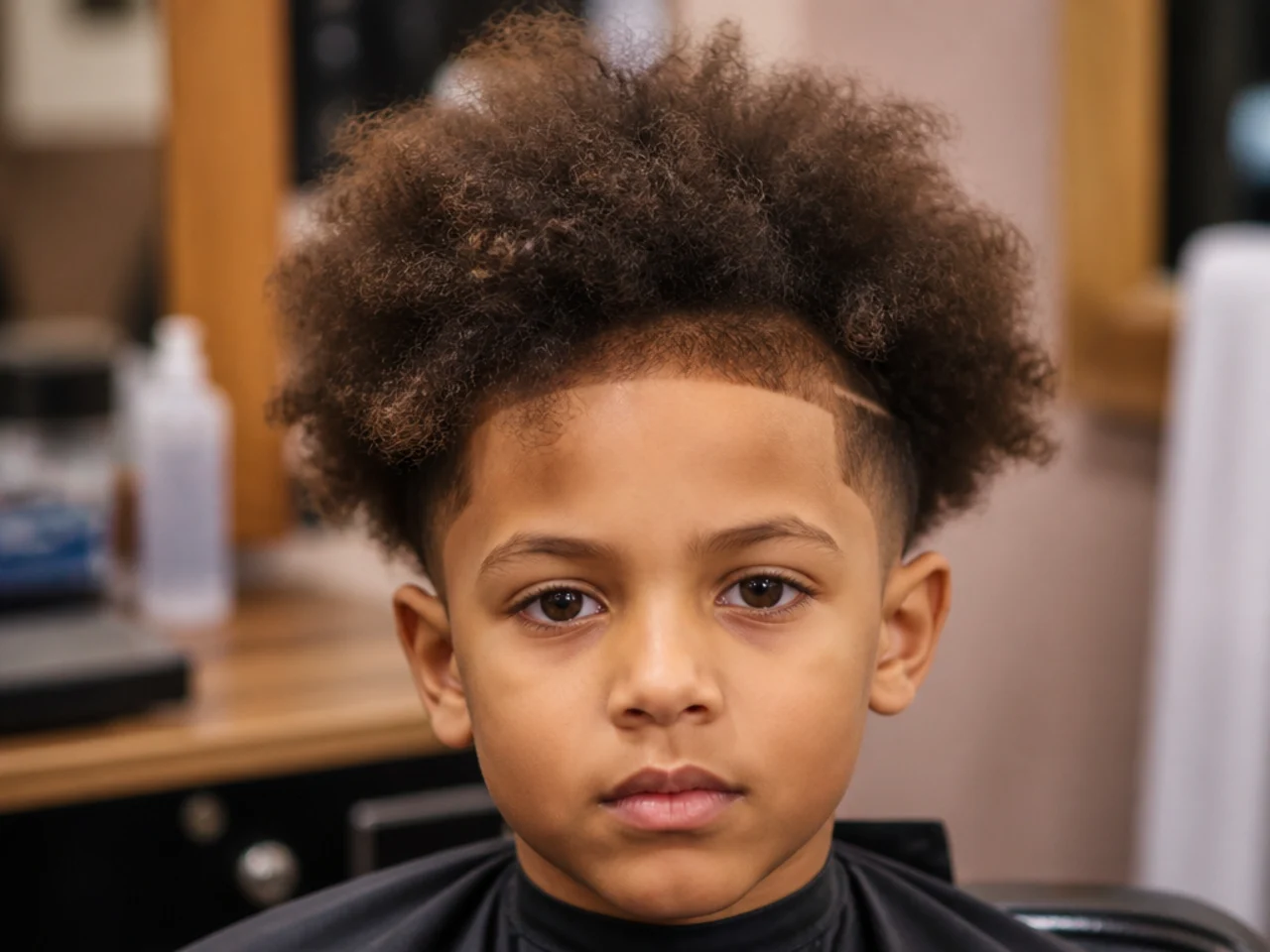 A young boy with brushed-out frizzy curls