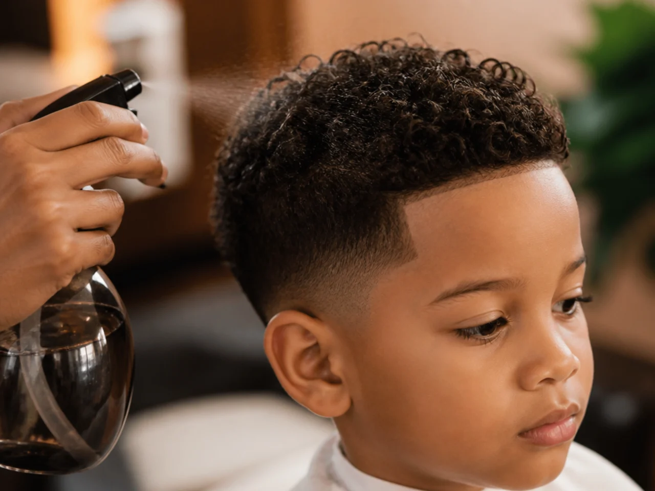 A young boy having his curls dampened before school