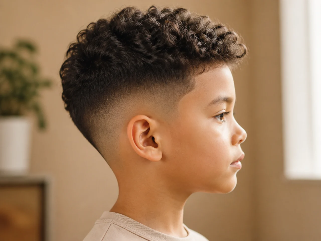 Profile of a young boy showing head proportion with curly hair