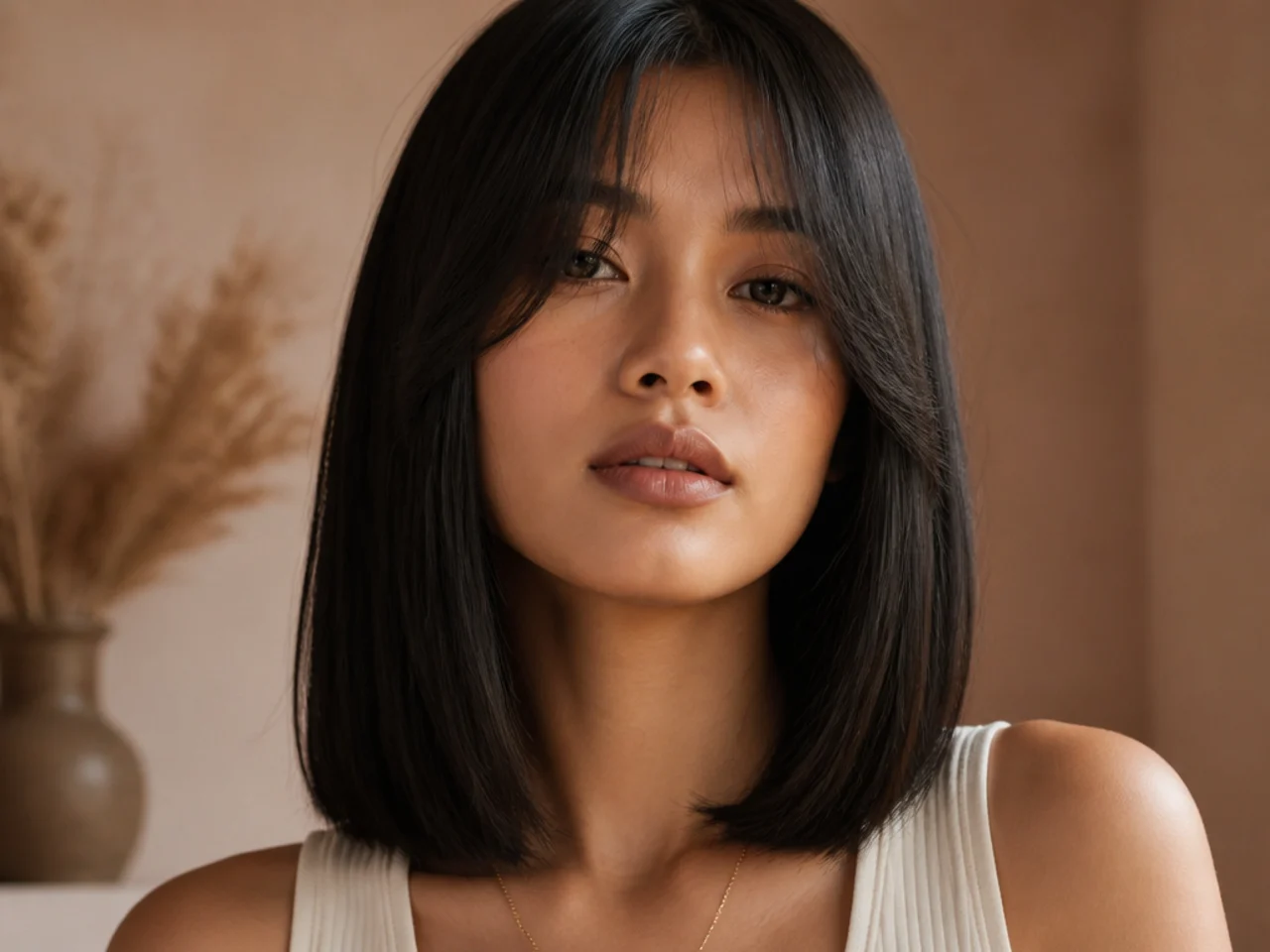 A sleek straight long bob with curtain bangs