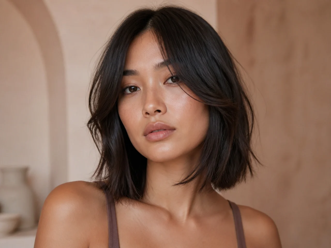 A lob with curtain bangs opening at the cheekbones