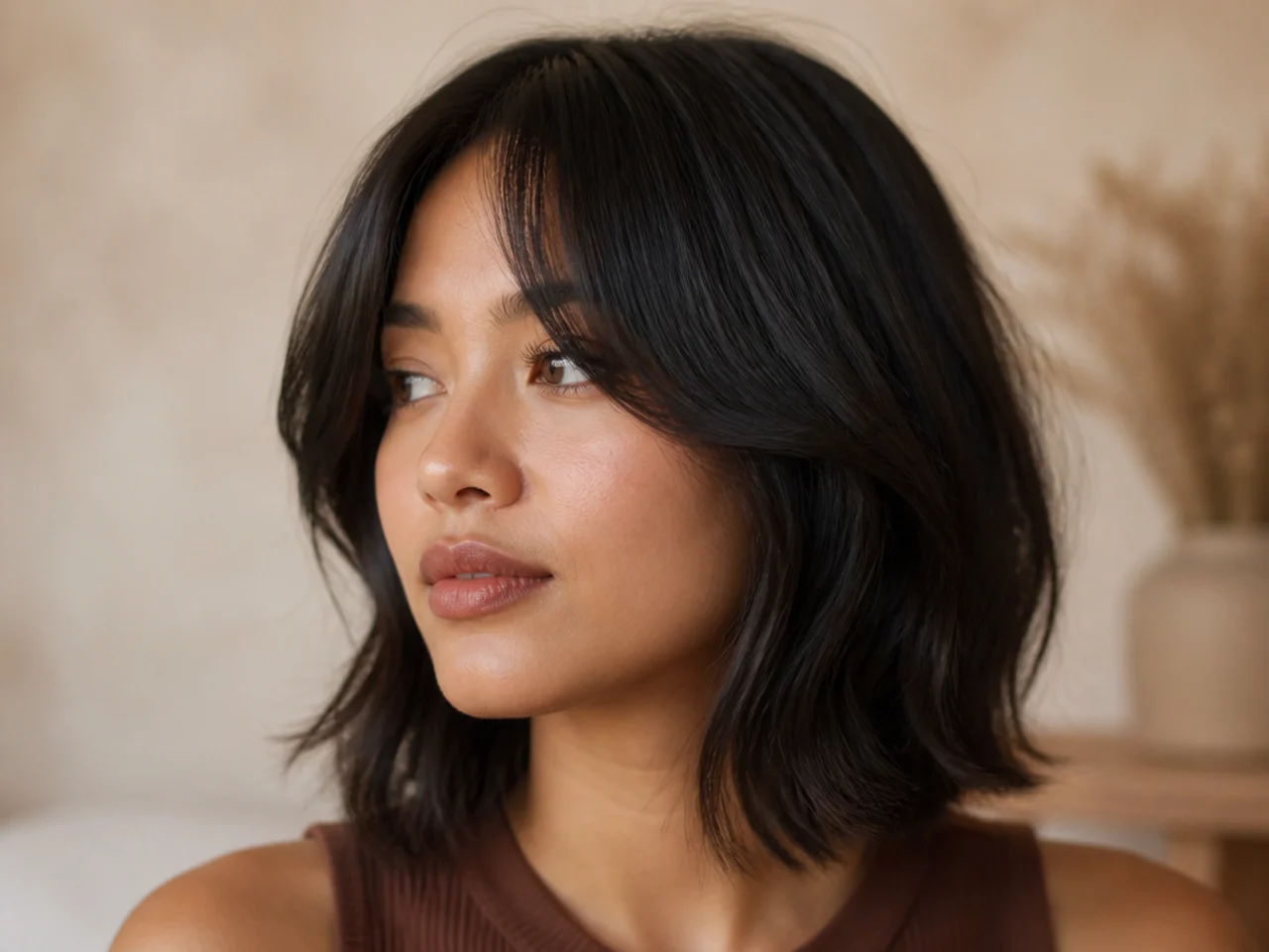 A lob with longer jaw length curtain bangs