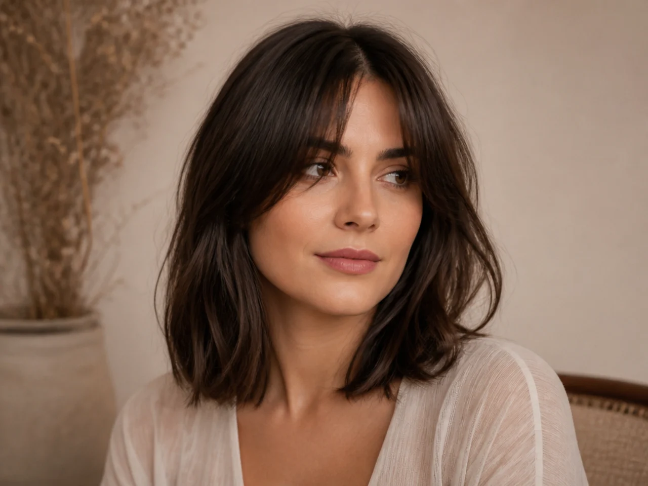 A collarbone length lob with curtain bangs