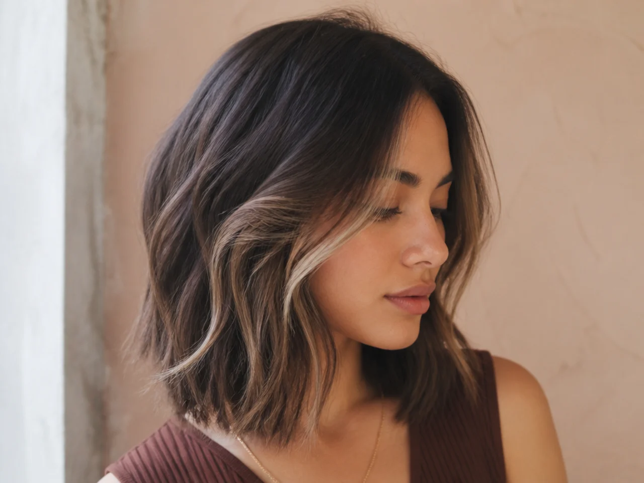 A lob with lightened money piece sections in the fringe