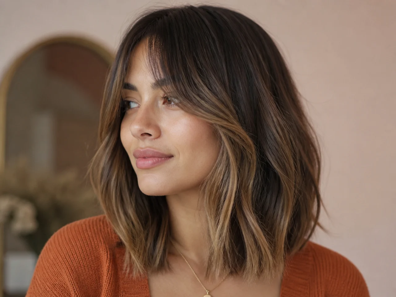 A balayage long bob with curtain bangs