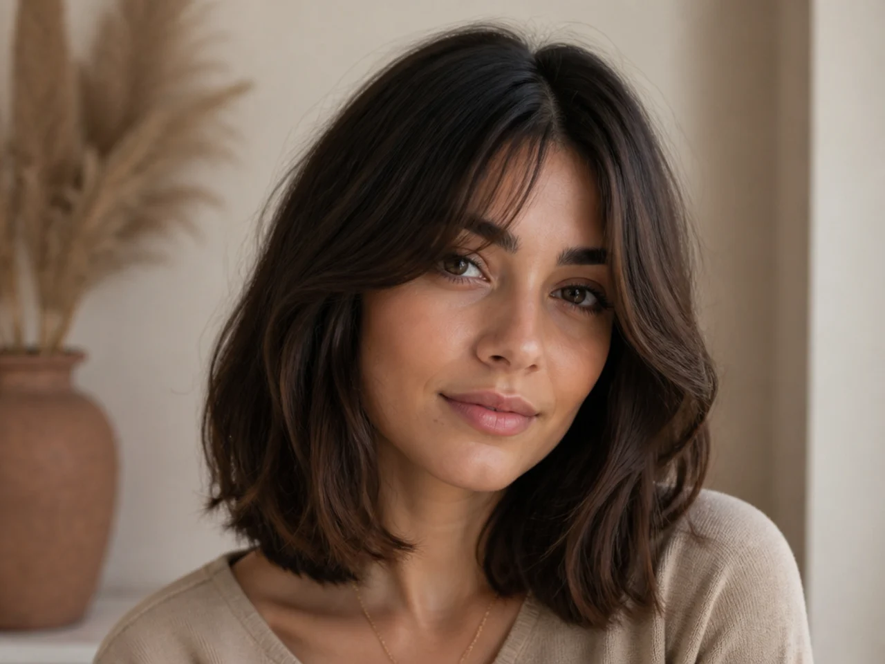 A lob with curtain bangs on thick hair
