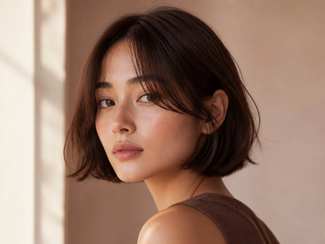 A chin length bob with short curtain bangs