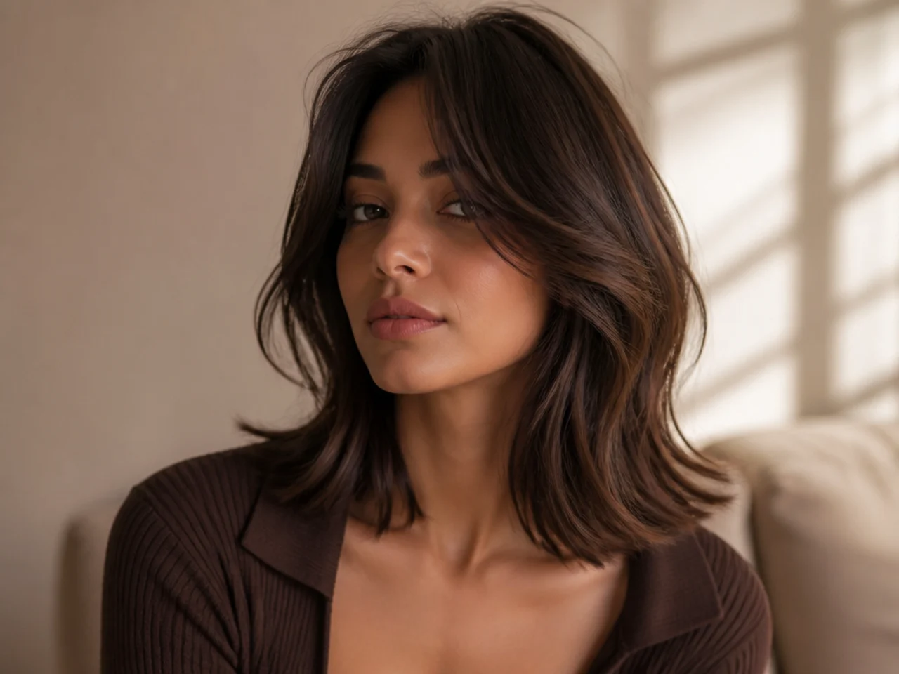 A layered long bob with curtain bangs
