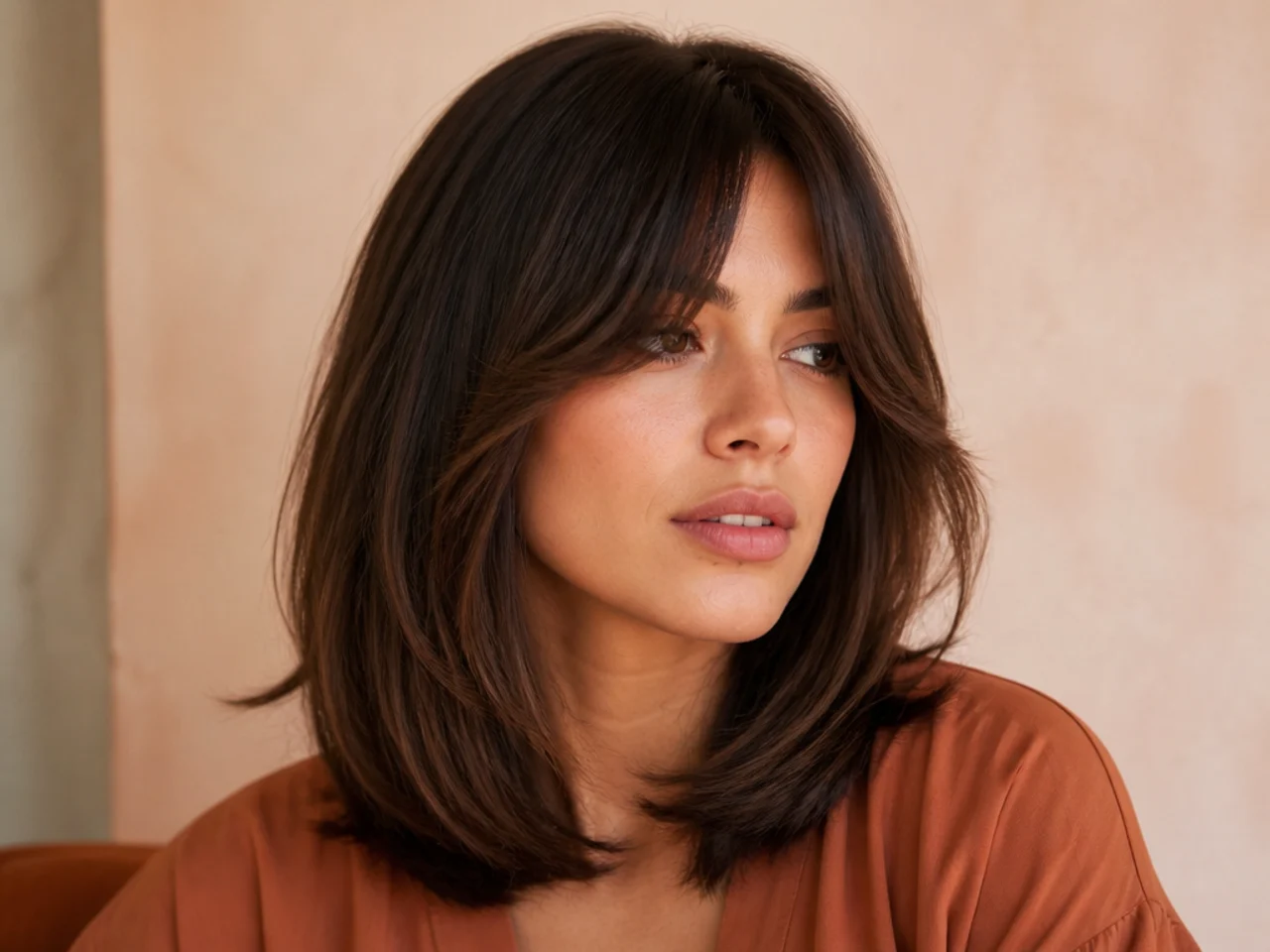 A stacked long bob with curtain bangs
