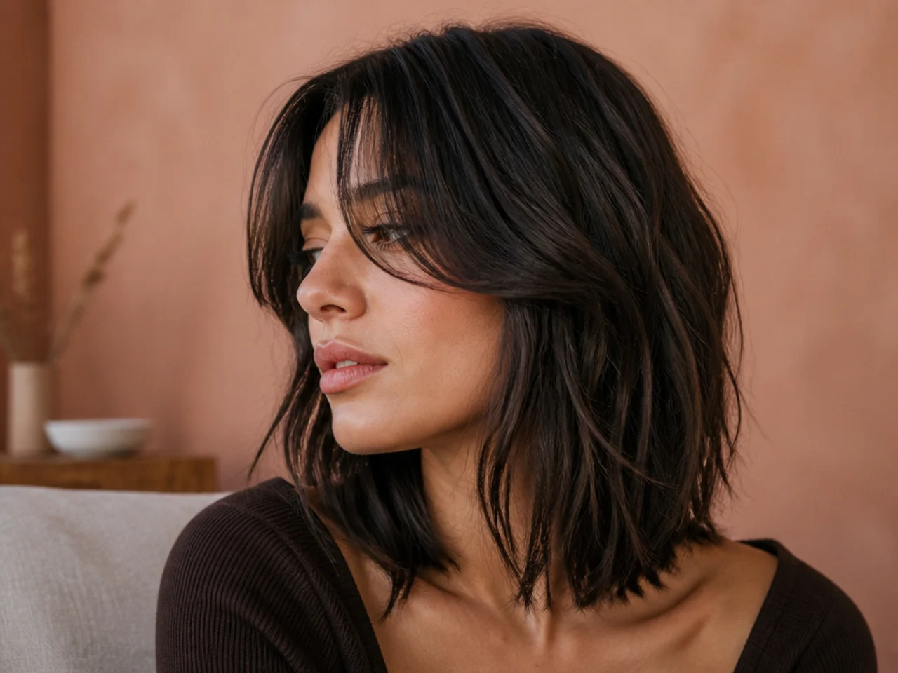 A textured long bob with a soft perimeter and curtain bangs
