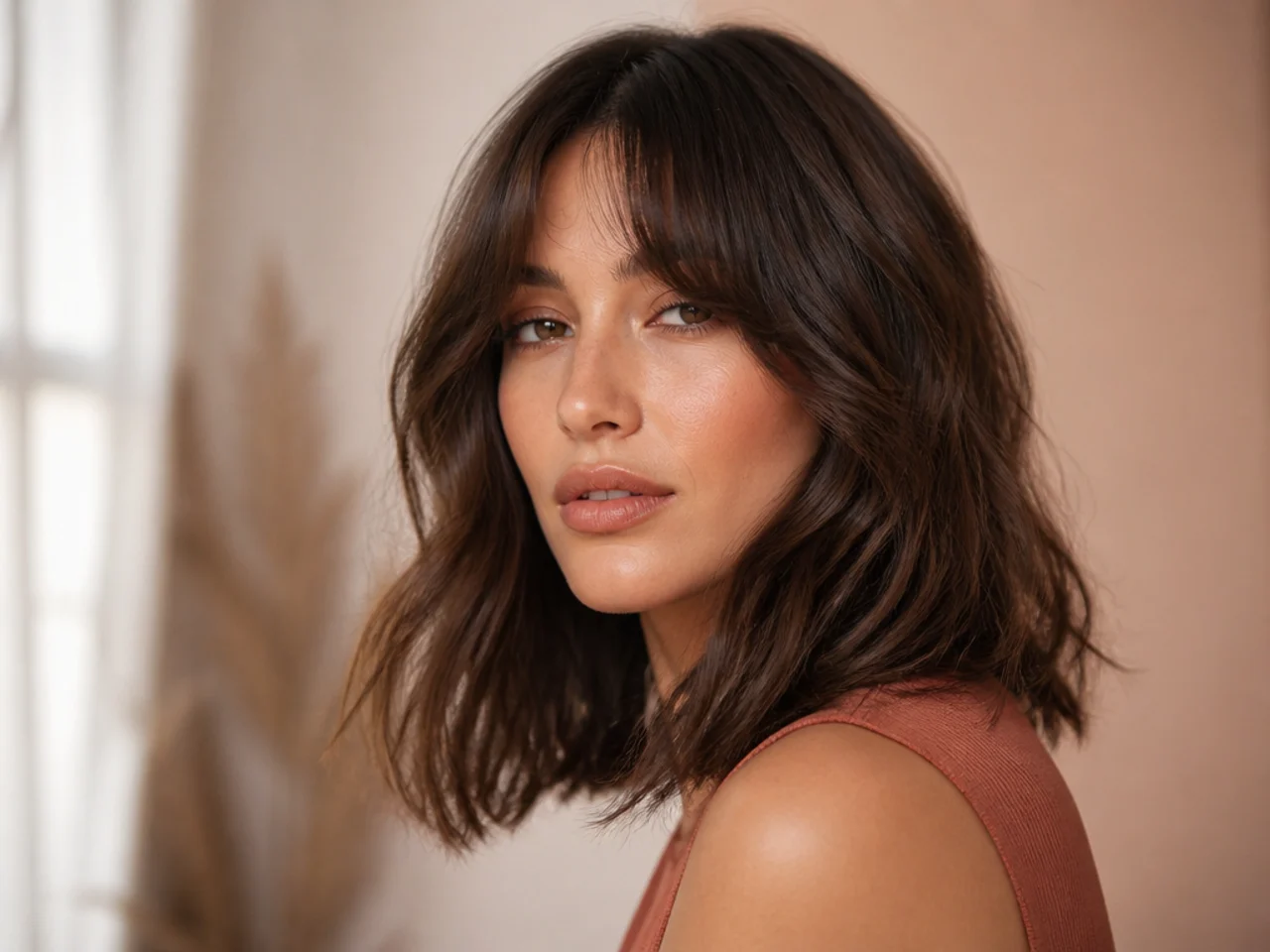 A wavy long bob with curtain bangs
