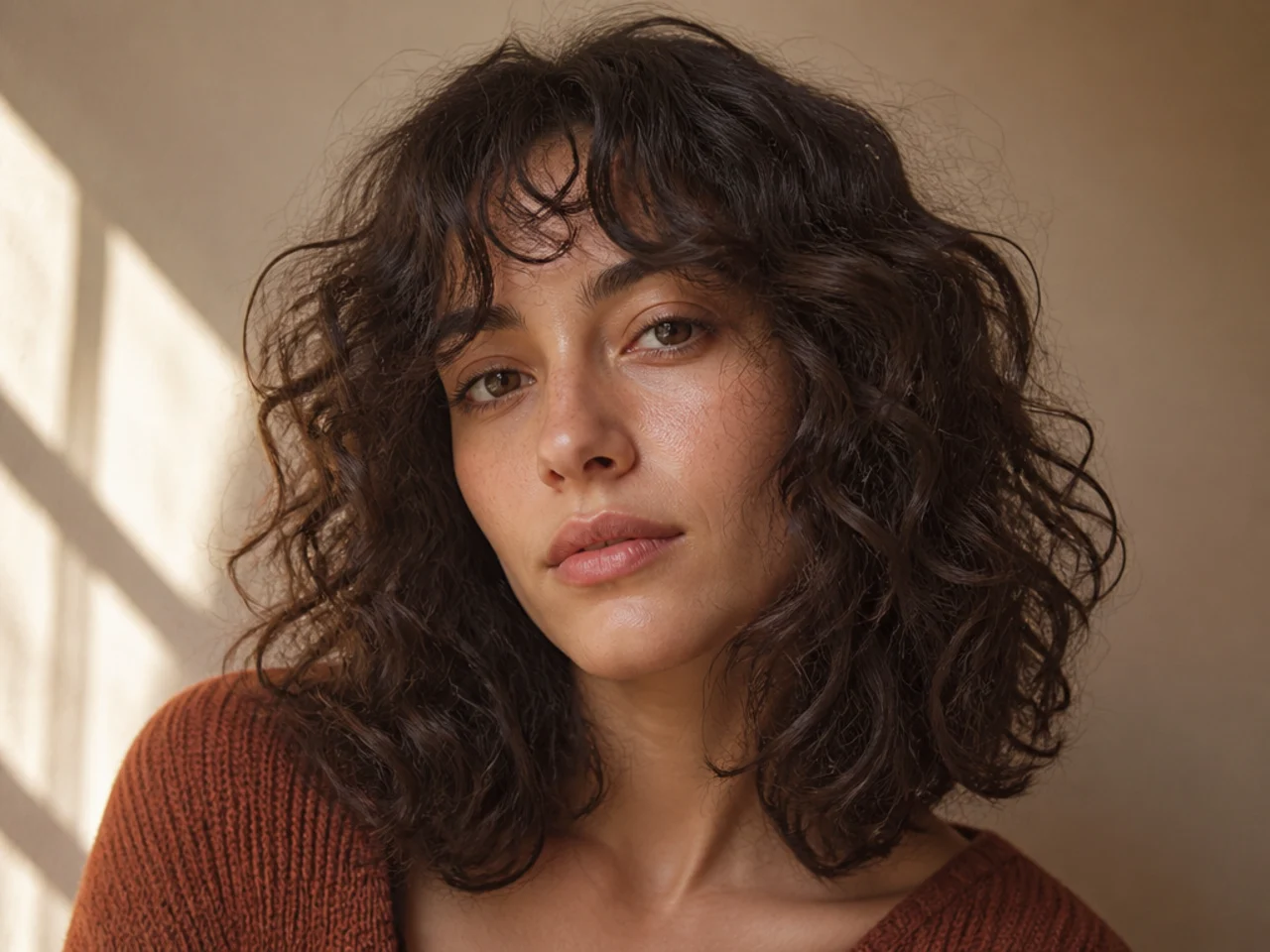 A curly long bob with curtain bangs