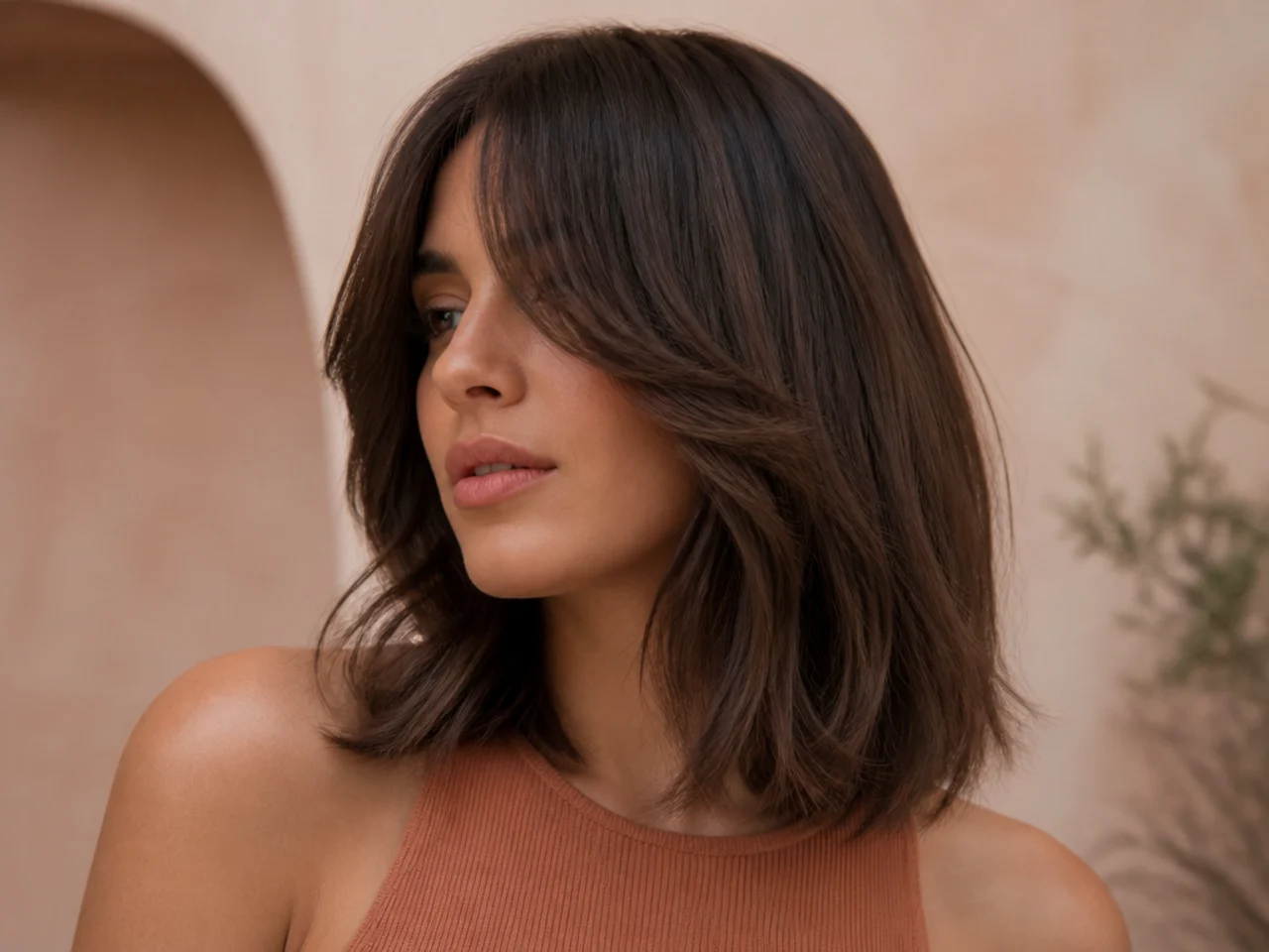Three quarter view of a long bob with curtain bangs