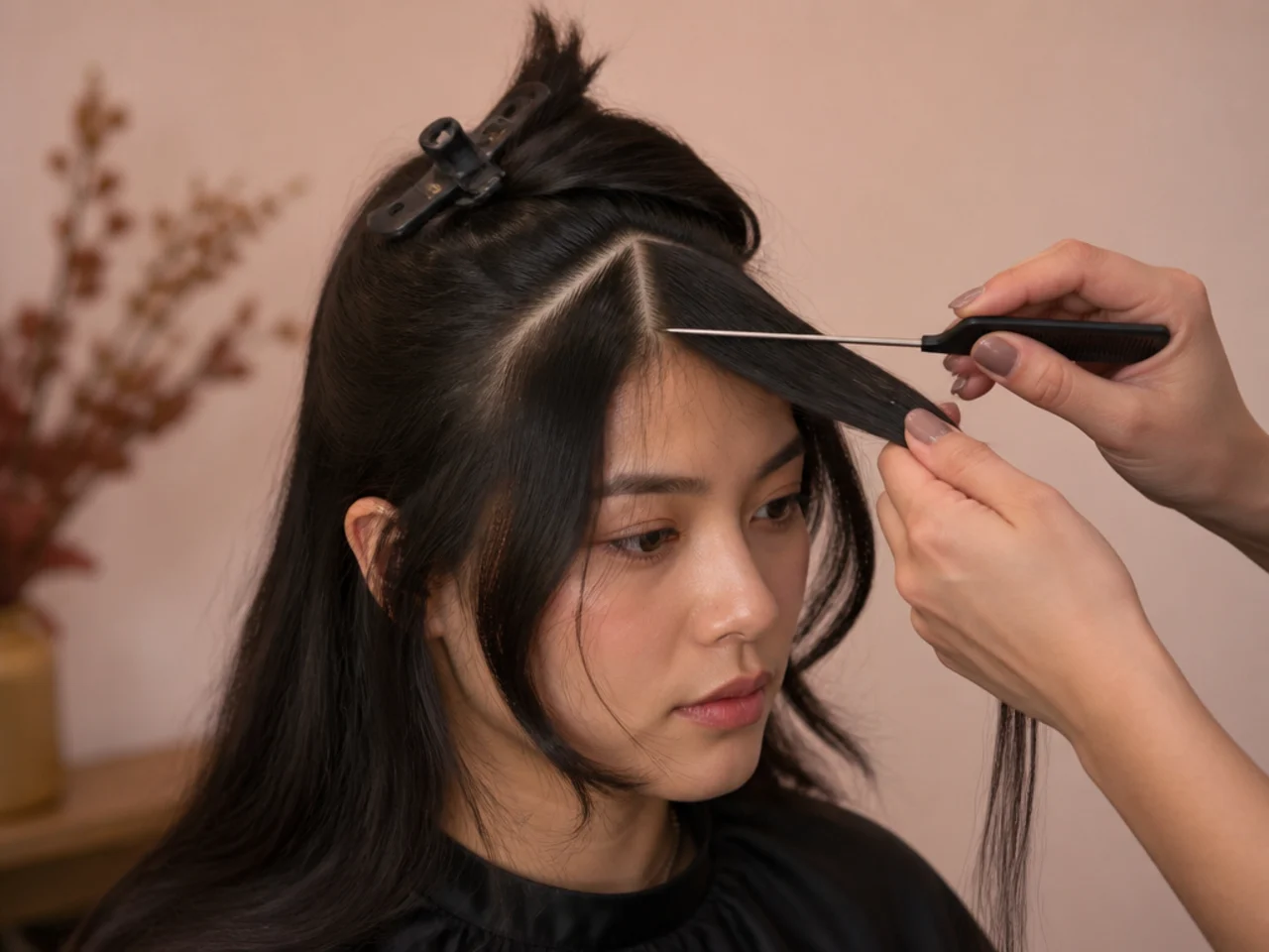 A stylist sectioning a triangle of hair for a curtain fringe