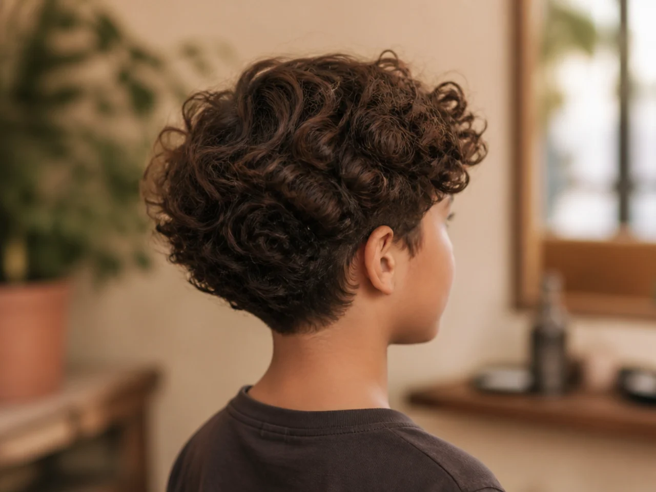 A boy with a rounded curly bob shape