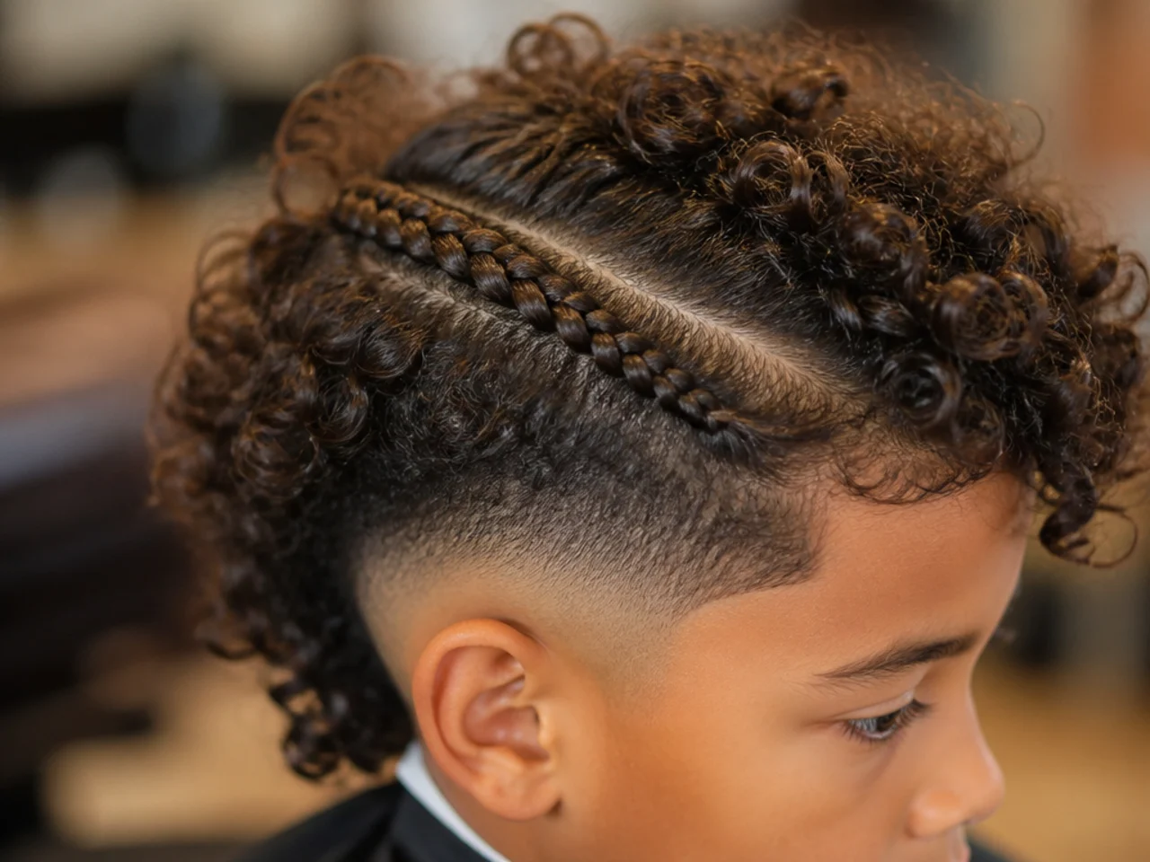 A boy with one braided section in long curly hair