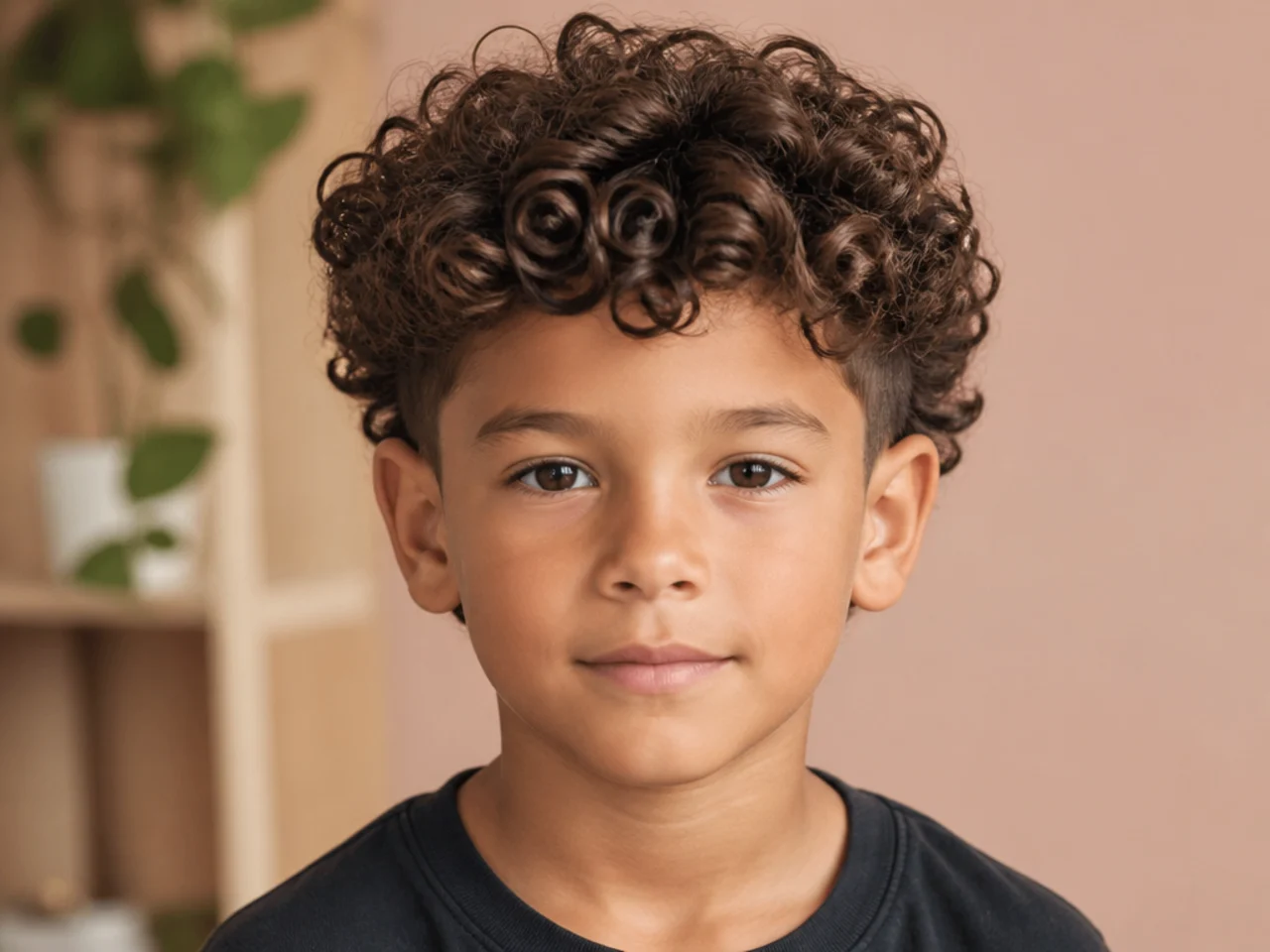 A boy with curls trimmed to sit above his collar