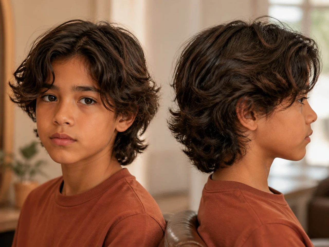 A boy with long loosely waved hair