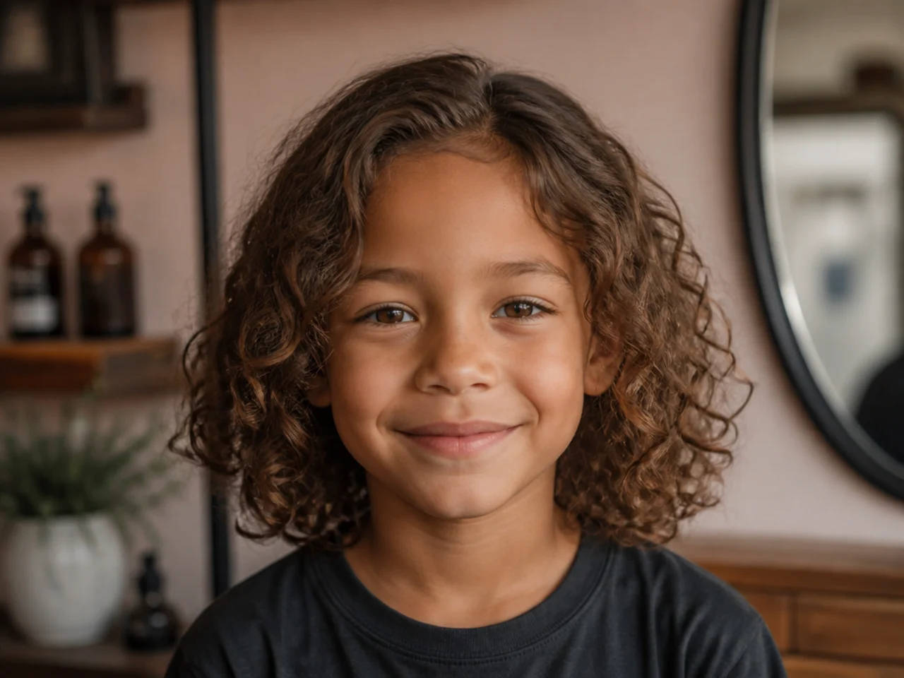 A boy with shoulder-length curly hair