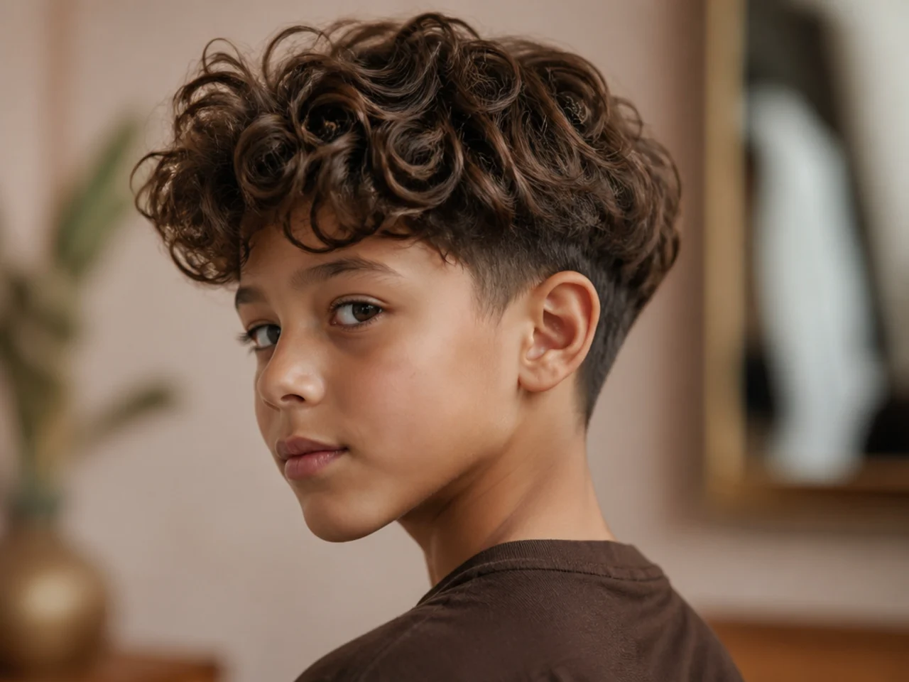 A boy with long curls on top and a tapered nape