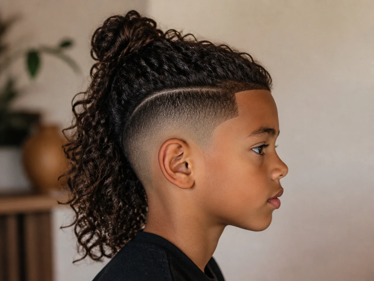 A boy with long curls tied half up at the crown