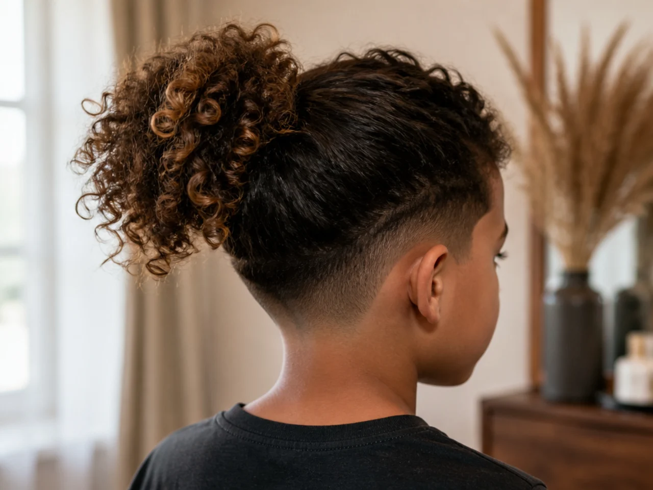 A boy with long curls gathered in a high ponytail