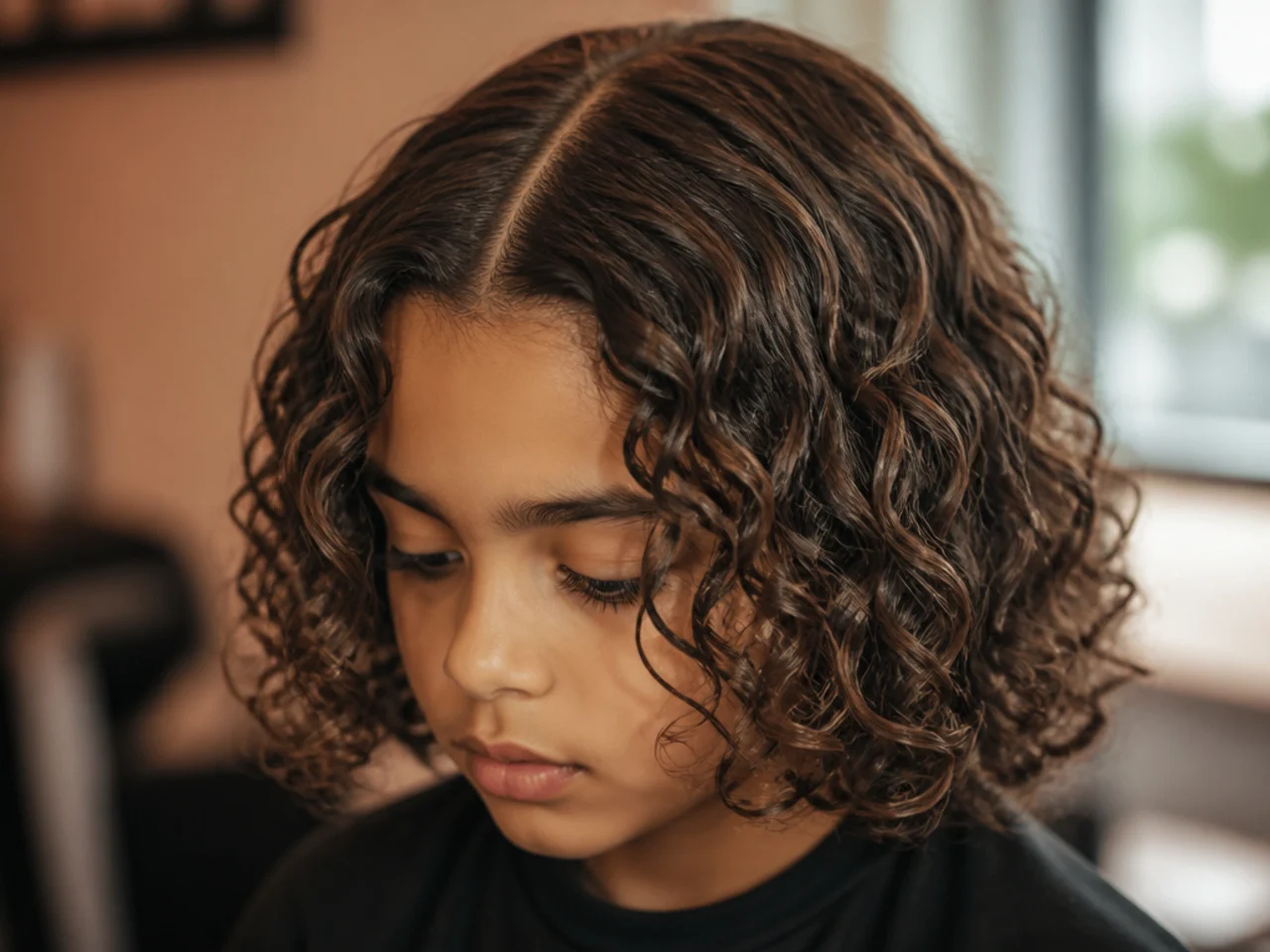 A boy with long curls parted down the middle