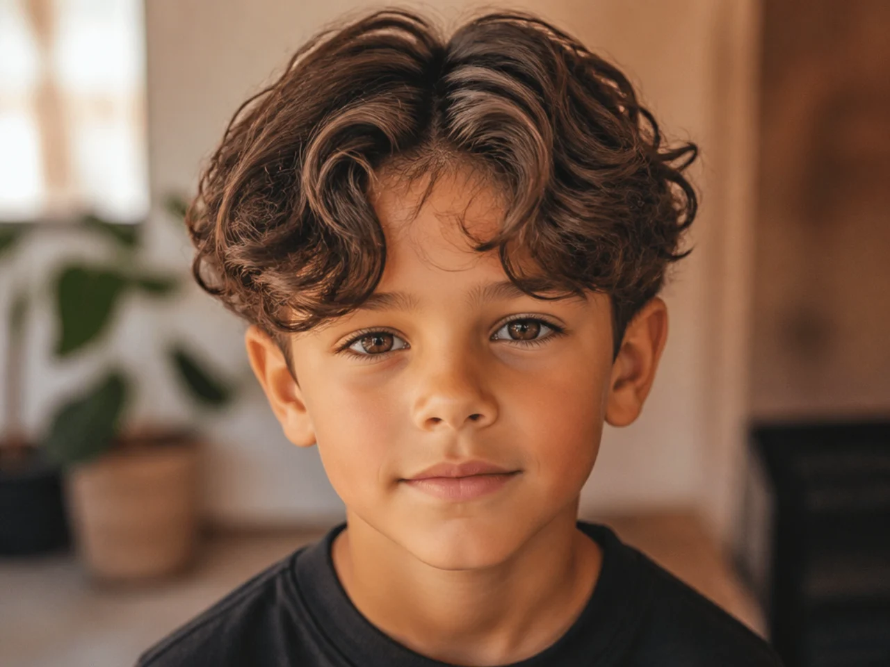 A boy with a long curly curtain fringe