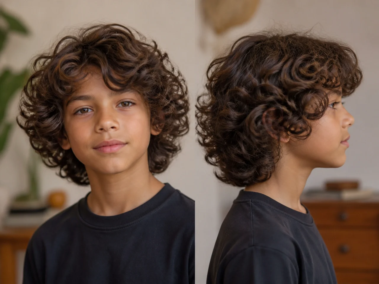 A boy with long layered curls shaped at the sides