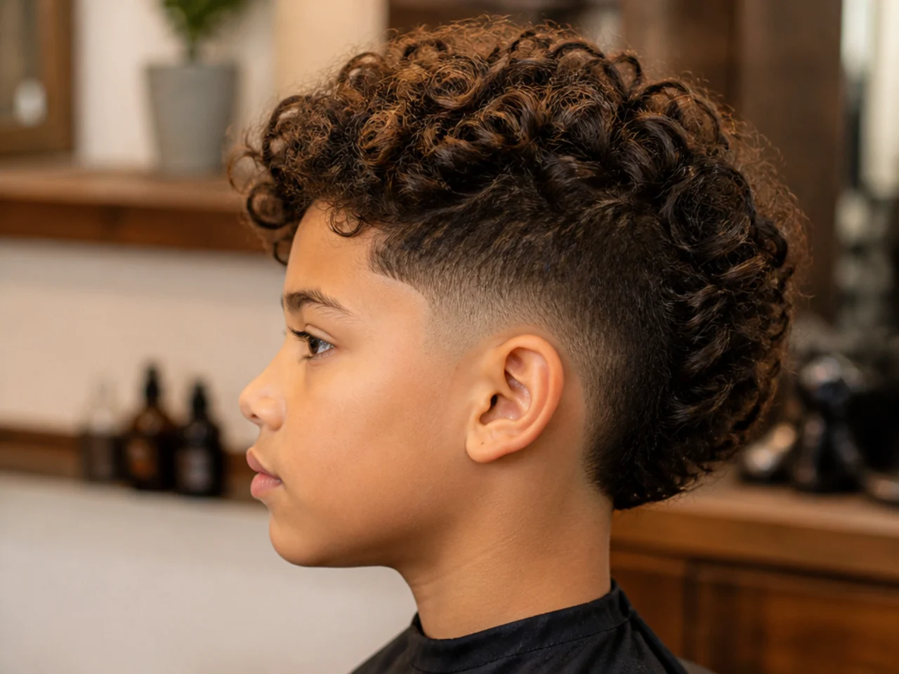 A boy with long curls tucked clear of his ears