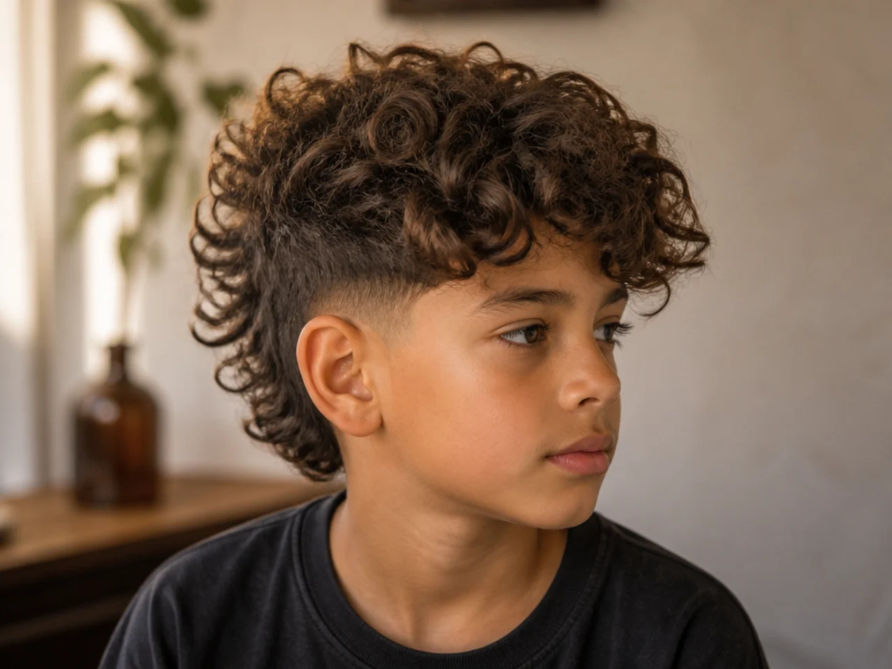 Side view of a boy with long natural curls
